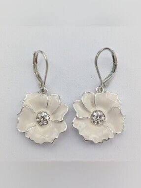 Vintage Swarovski Cream Enamel Flower Drop Dangling Earrings w/Crystal Centers